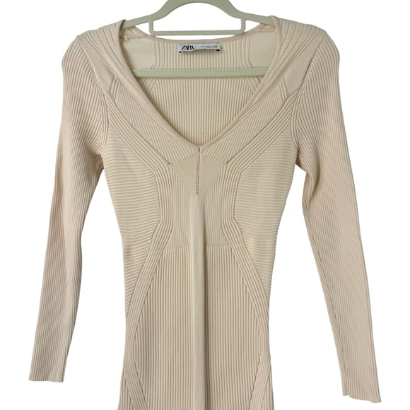 Rare Zara Ecru Ribbed Knit Midi Dress Sculpting Long Sleeve Bodycon Cream Beige - Picture 6 of 14